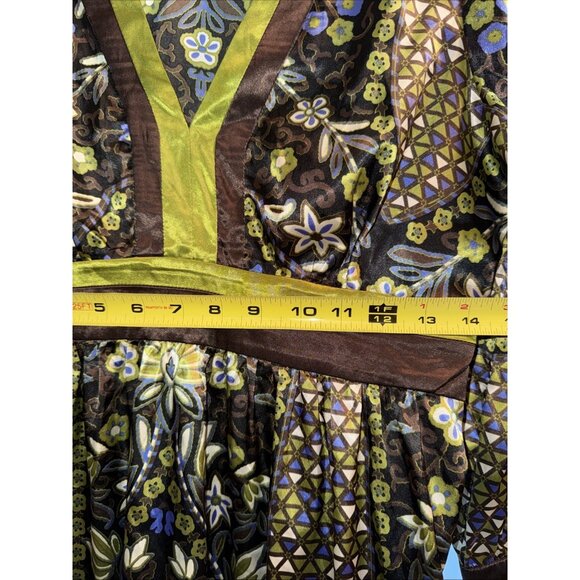 Nicole Miller Tunic Top Sz 10 Aztec Tribal Satin Blouse Pintuck 90's Y2K Style - Picture 12 of 14